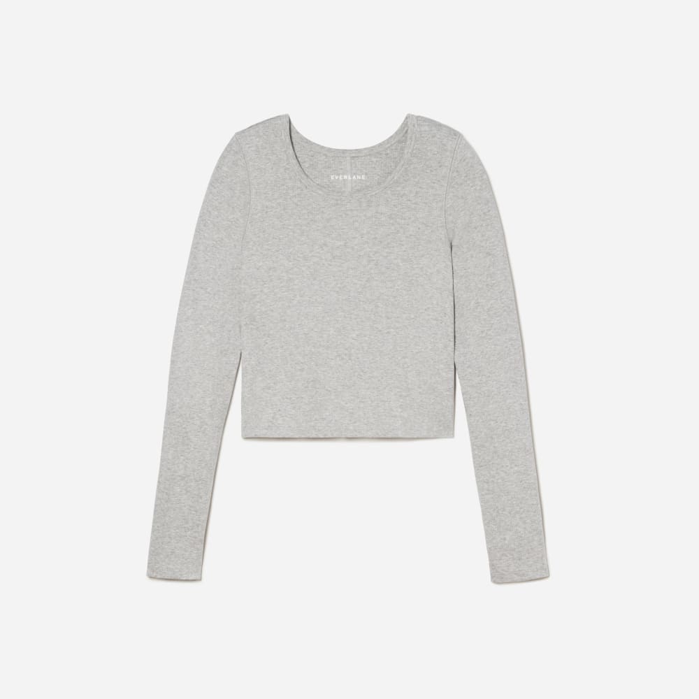 The Pima Micro-Rib Cropped Long-Sleeve Crew in Heathered Grey — front view