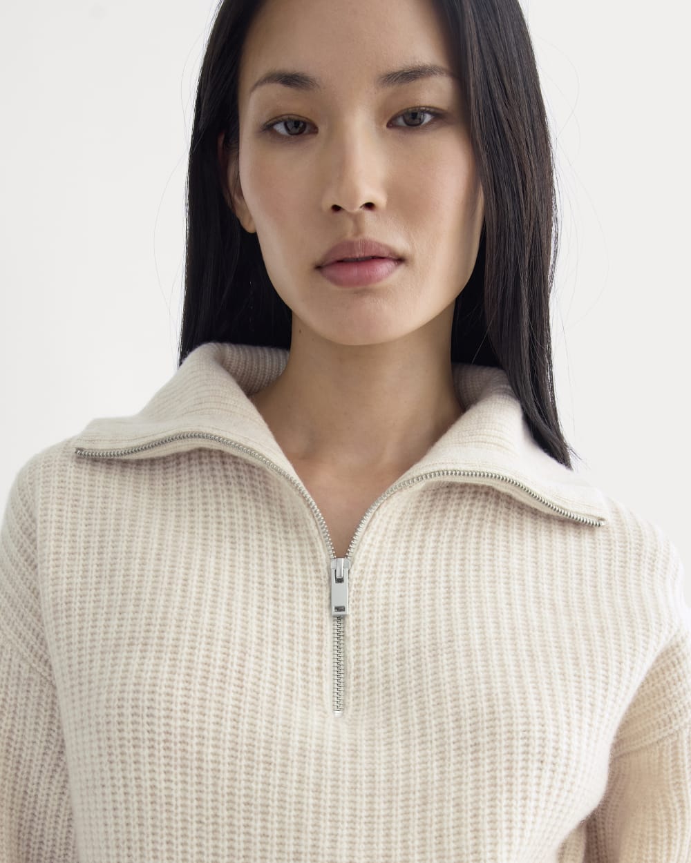 The Half-Zip Sweater in Luxe Merino in Heathered Oat — detail view