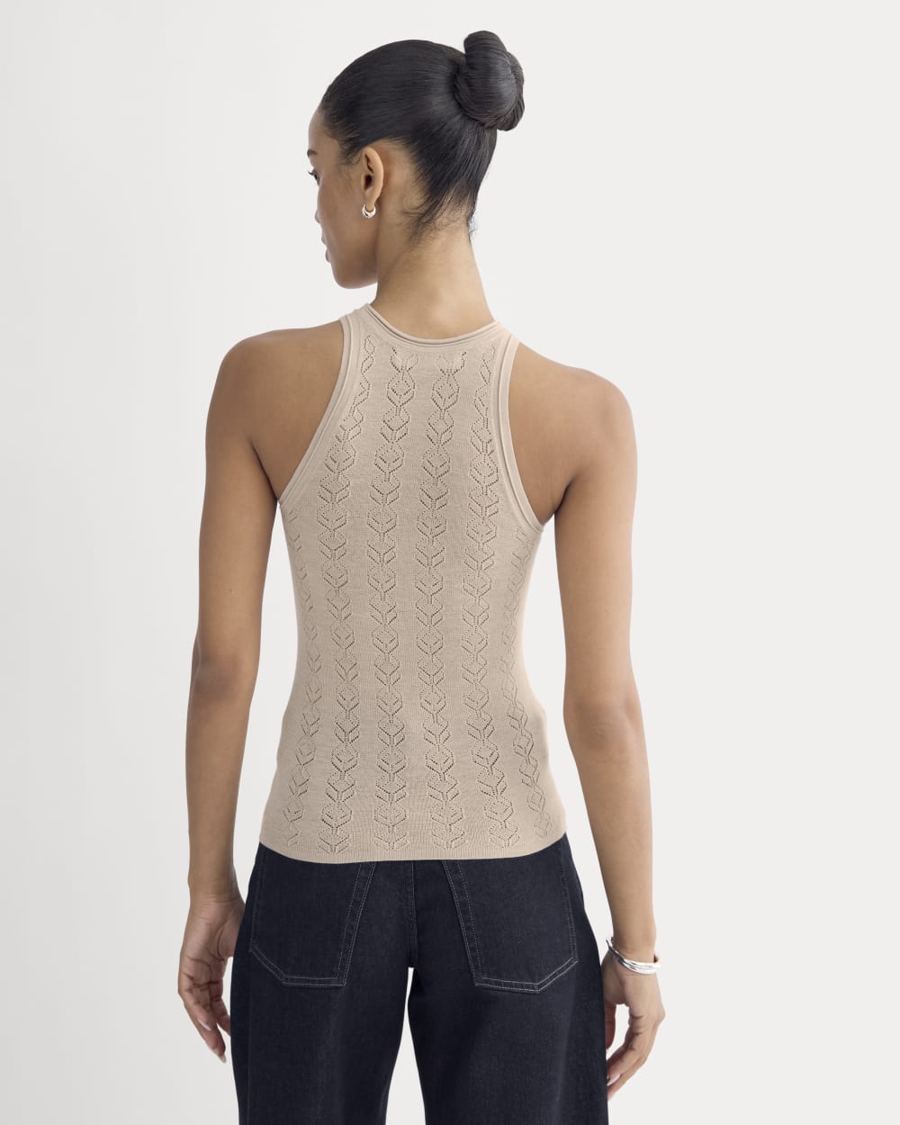 The Pointelle Racerback Tank in Ultrafine Merino in Pale Blush — detail view
