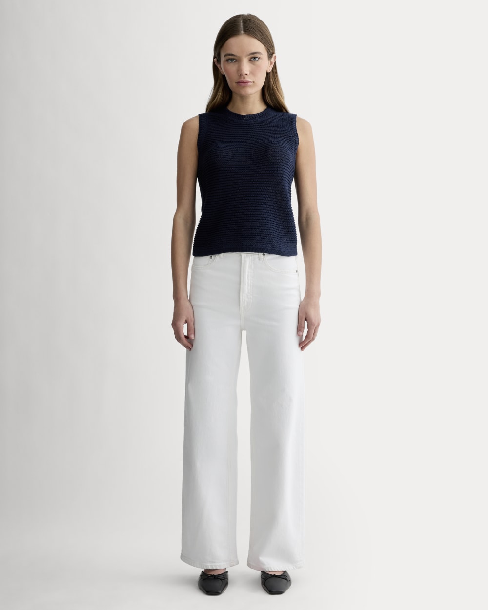 The Organic Cotton Open-Stitch Tank in Navy — detail view