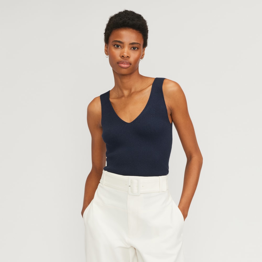 The Ribbed Cotton Double V Top in Navy — front view