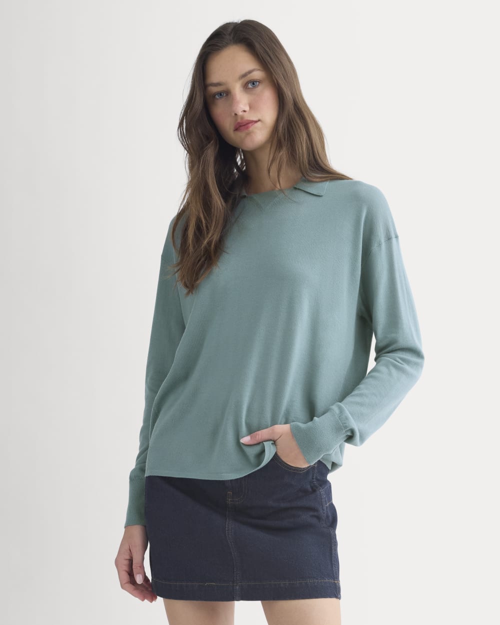 Oversized Polo in Ultrafine Merino in Gray Mist — detail view