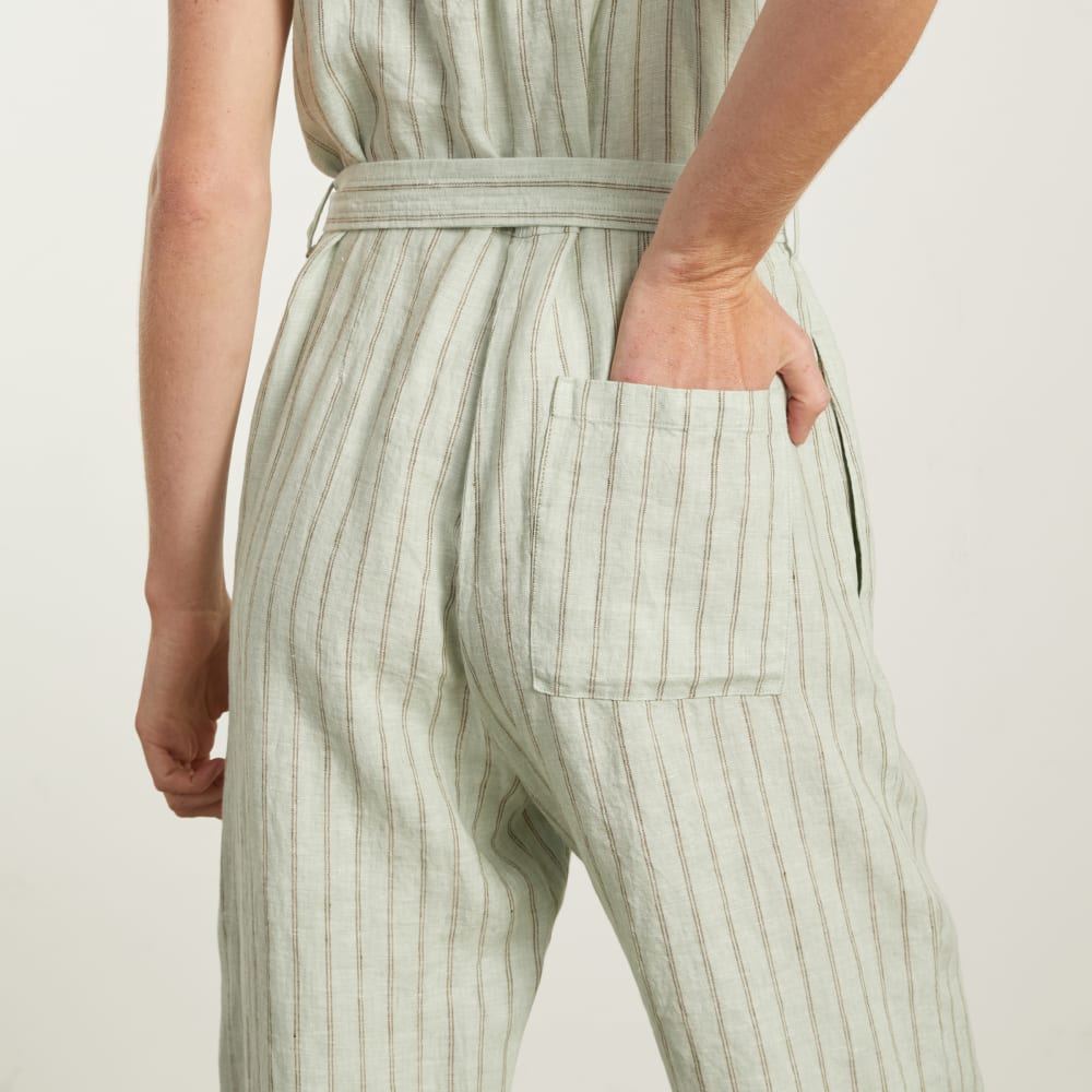 The Linen Jumpsuit in Seafoam Pinstripe — detail view