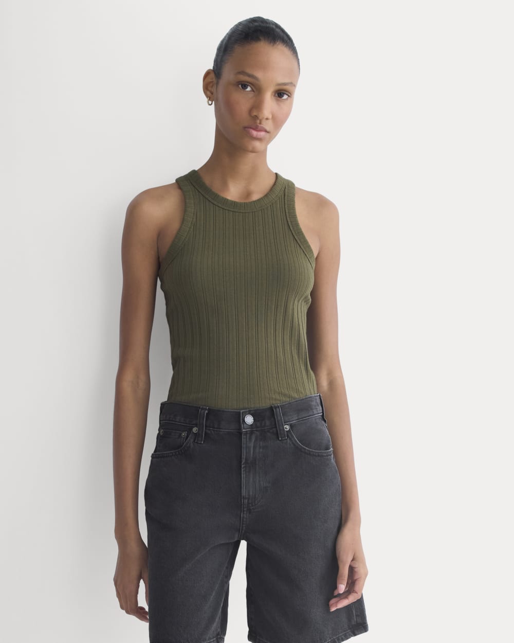 Racerback Tank in Pointelle in Olive Night — detail view