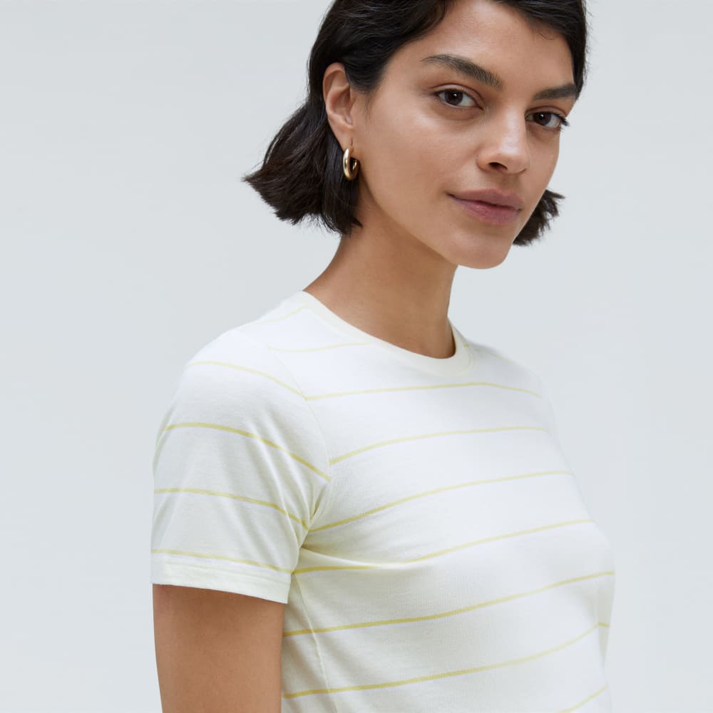 The Organic Cotton Crew Tee in Pastel Yellow / White — detail view