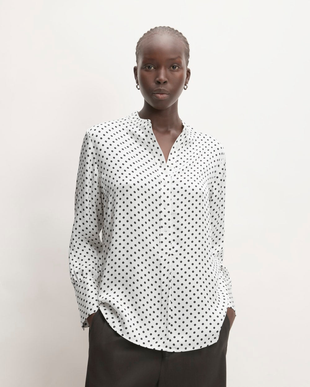 The Hammered Satin Popover Shirt in Bone / Black Polka Dot — front view