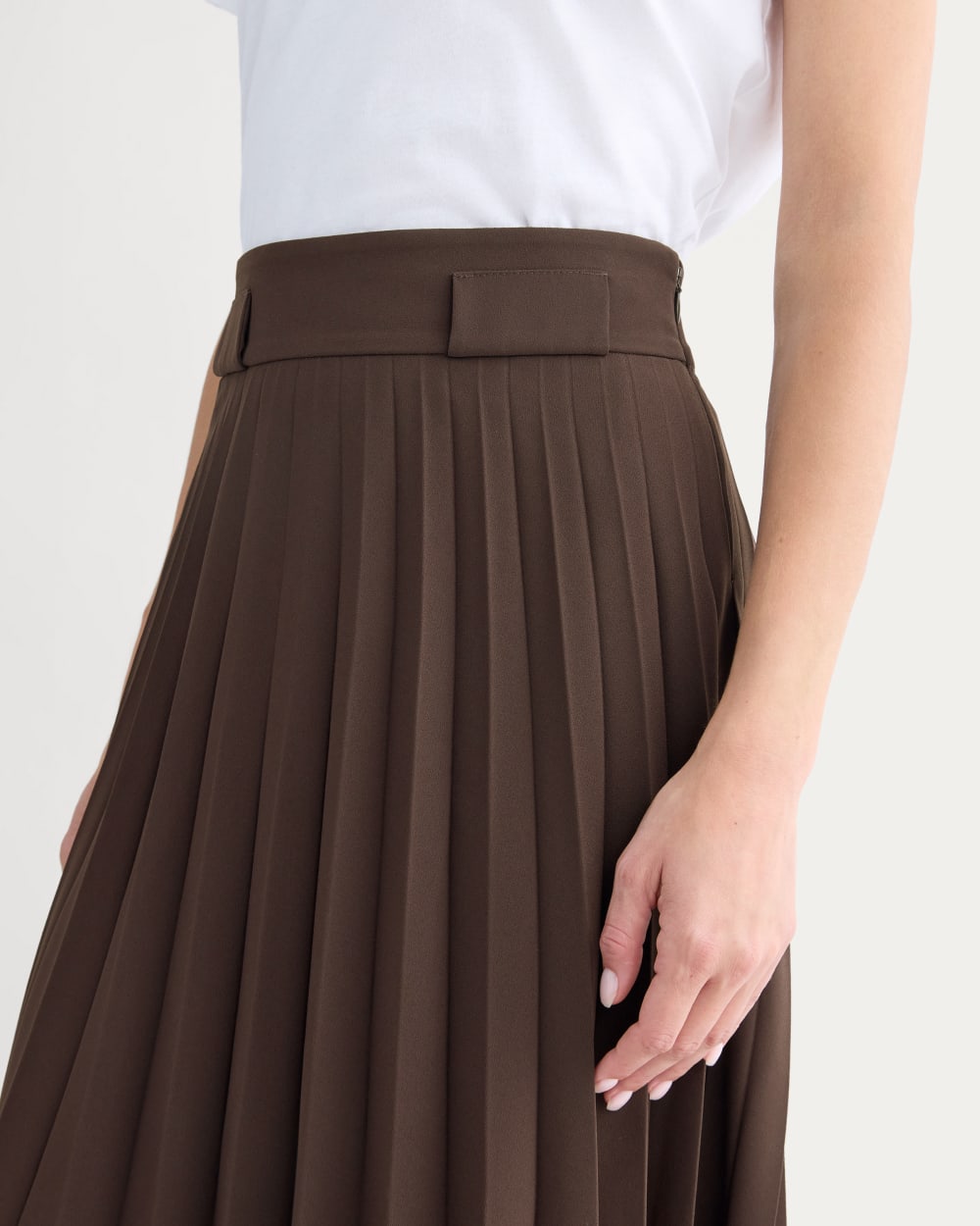 Pleated Crepe Midi Skirt in Dark Chocolate — detail view