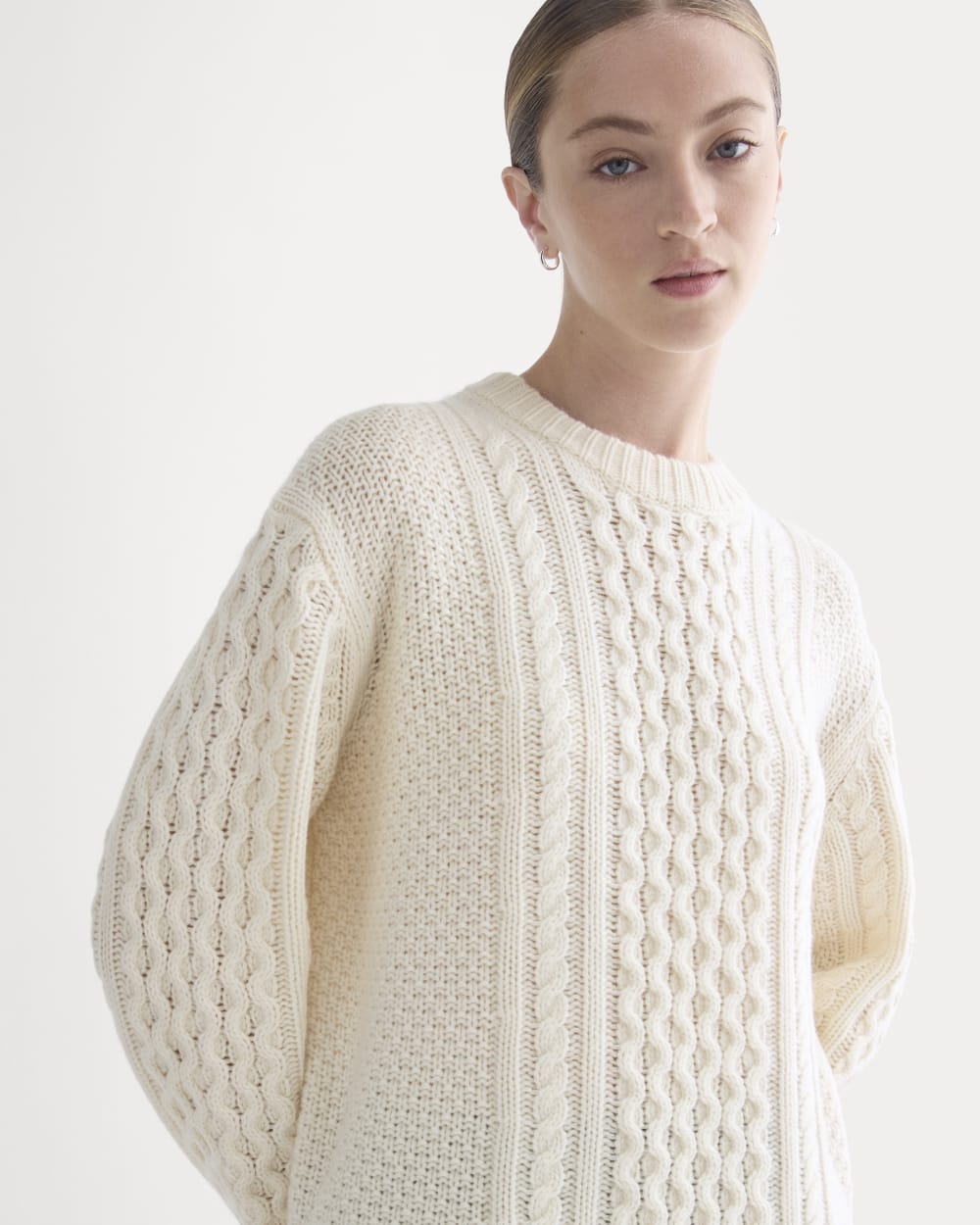 Cable Sweater in Luxe Merino in Bone — detail view