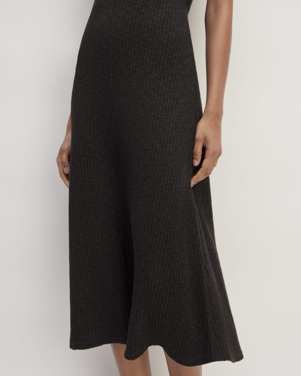The Rib-Knit Cap-Sleeve Midi Dress in Black — detail view