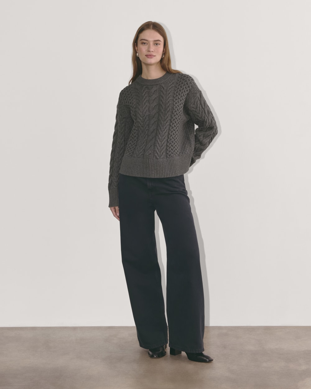 The Cable Sweater in Everyday Cotton in Heathered Charcoal — detail view