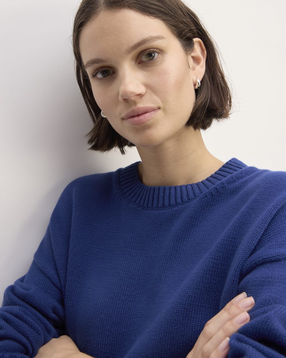 The Boxy Sweater in Everyday Cotton in Bellwether Blue — detail view
