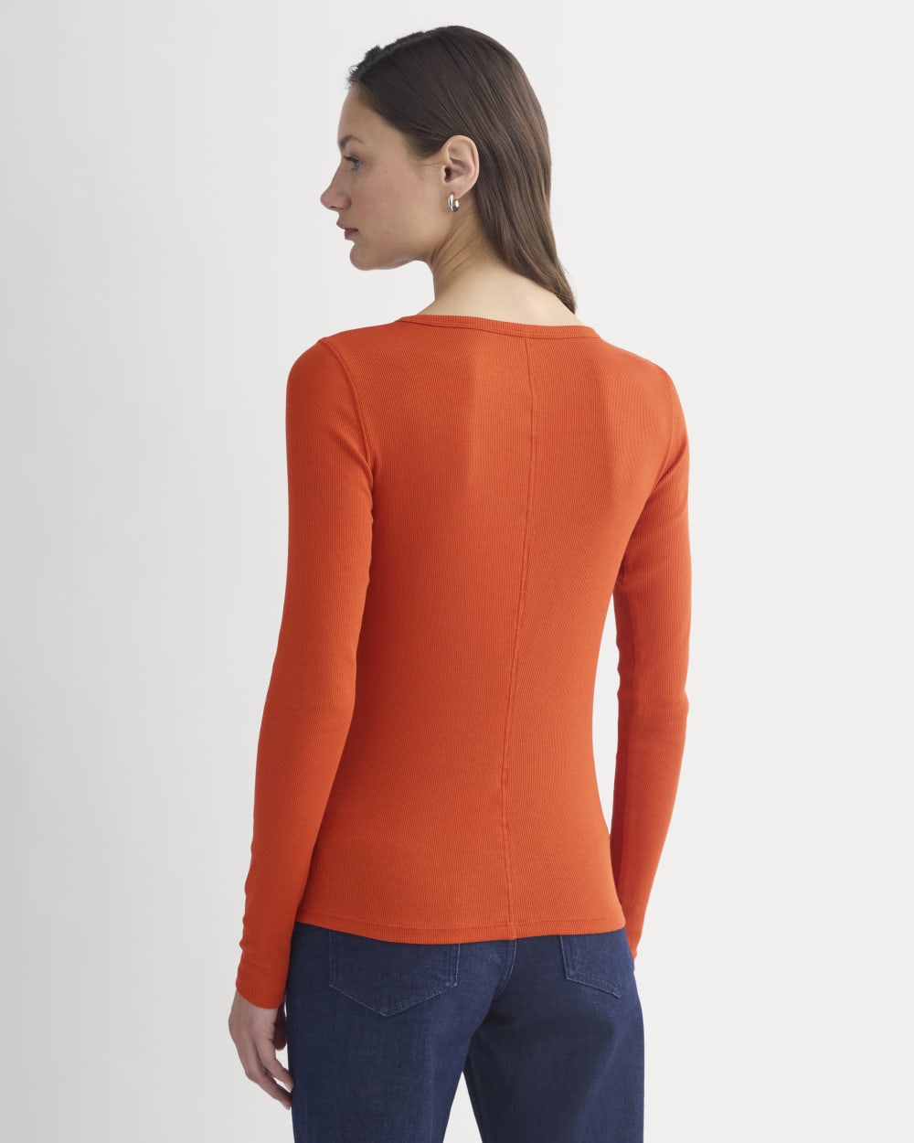 The Luxe Rib Long-Sleeve Crew in Rust — detail view