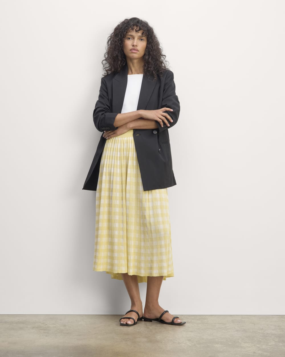 The Pleated Skirt in Bone / Parsnip Gingham — front view