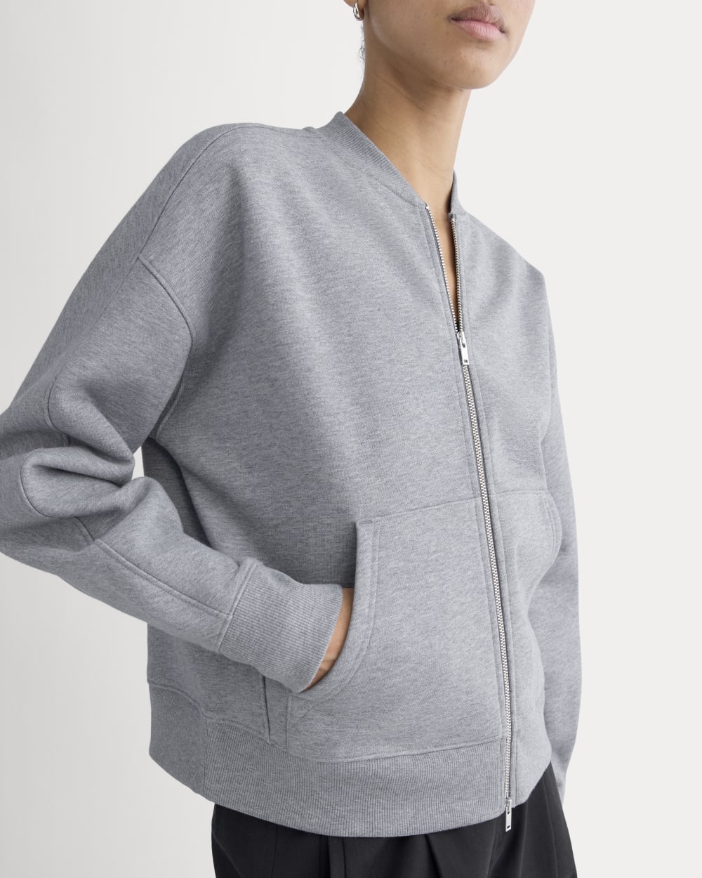 Luxe Fleece Bomber Jacket in Vintage Heather Grey — detail view