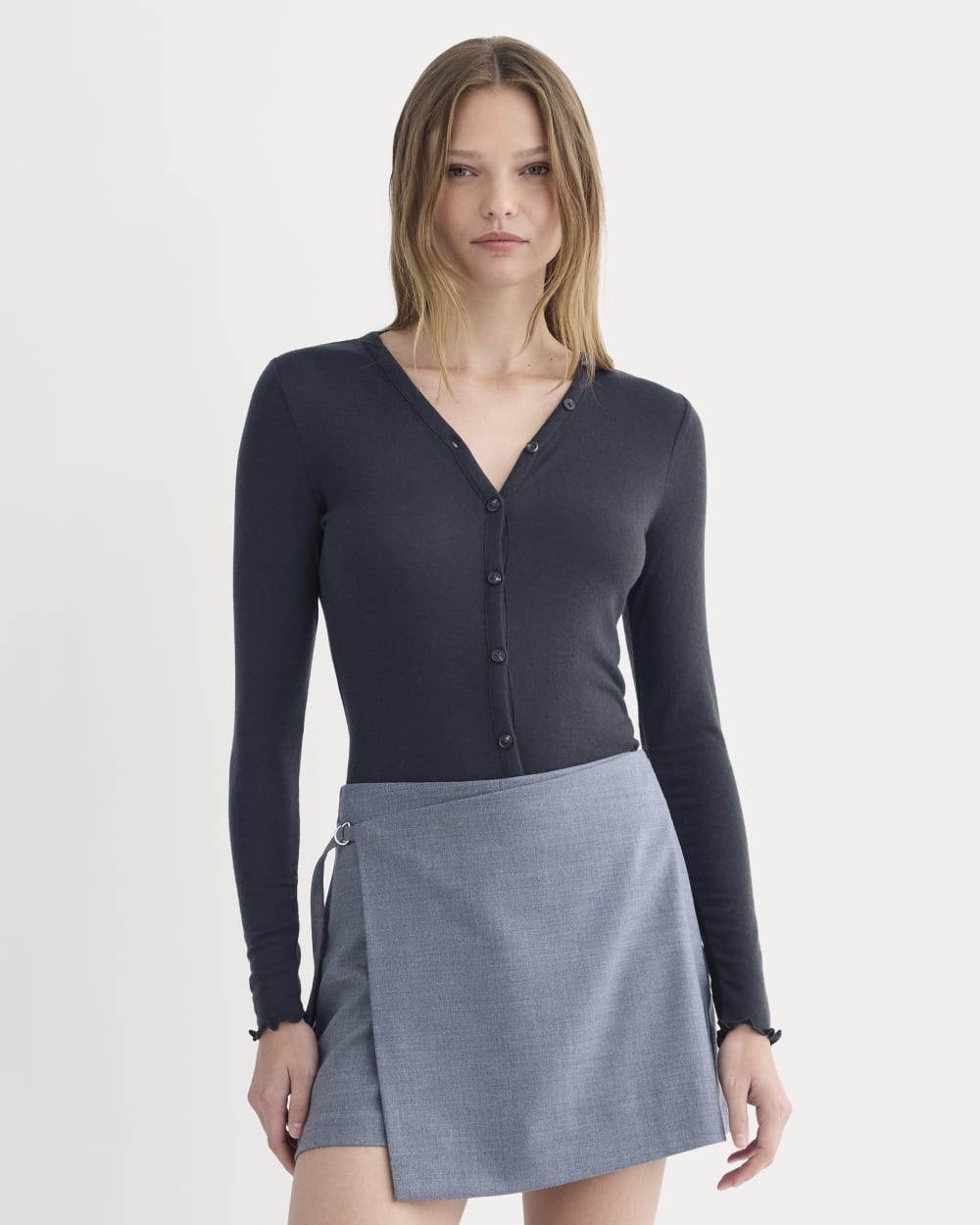Sheer V-Neck Cardigan in Butterluxe in Deep Navy — front view