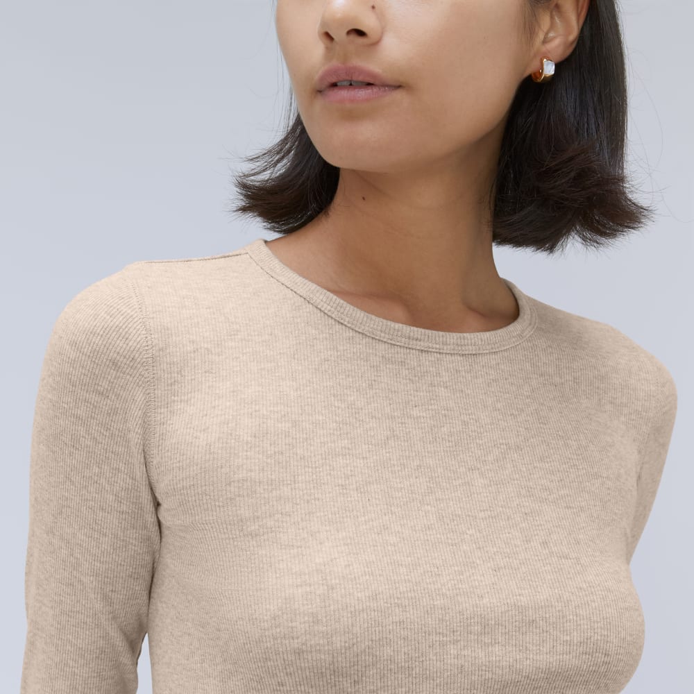 The Luxe Rib Long-Sleeve Crew in Heathered Meringue — detail view