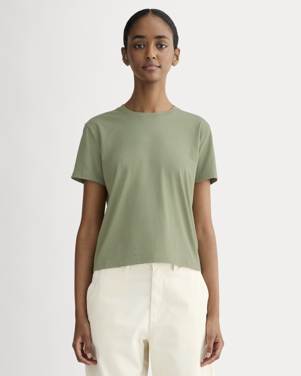 The Box-Cut Tee in Essential Cotton in Sagebrush — front view