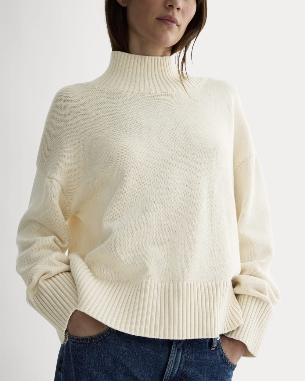 The Boxy Turtleneck in Everyday Cotton in Canvas — detail view