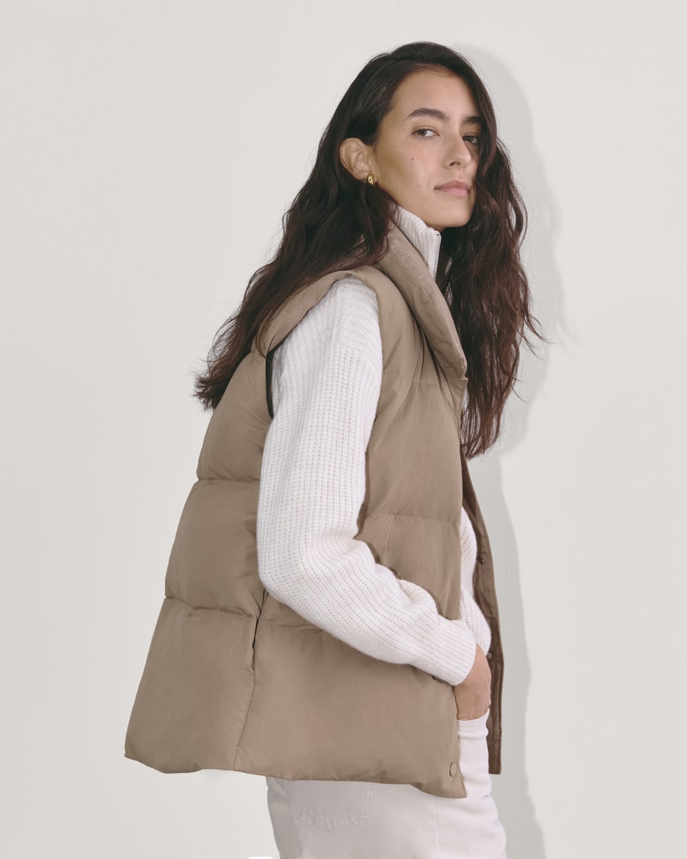 The Puffer Vest in Taupe Grey — detail view