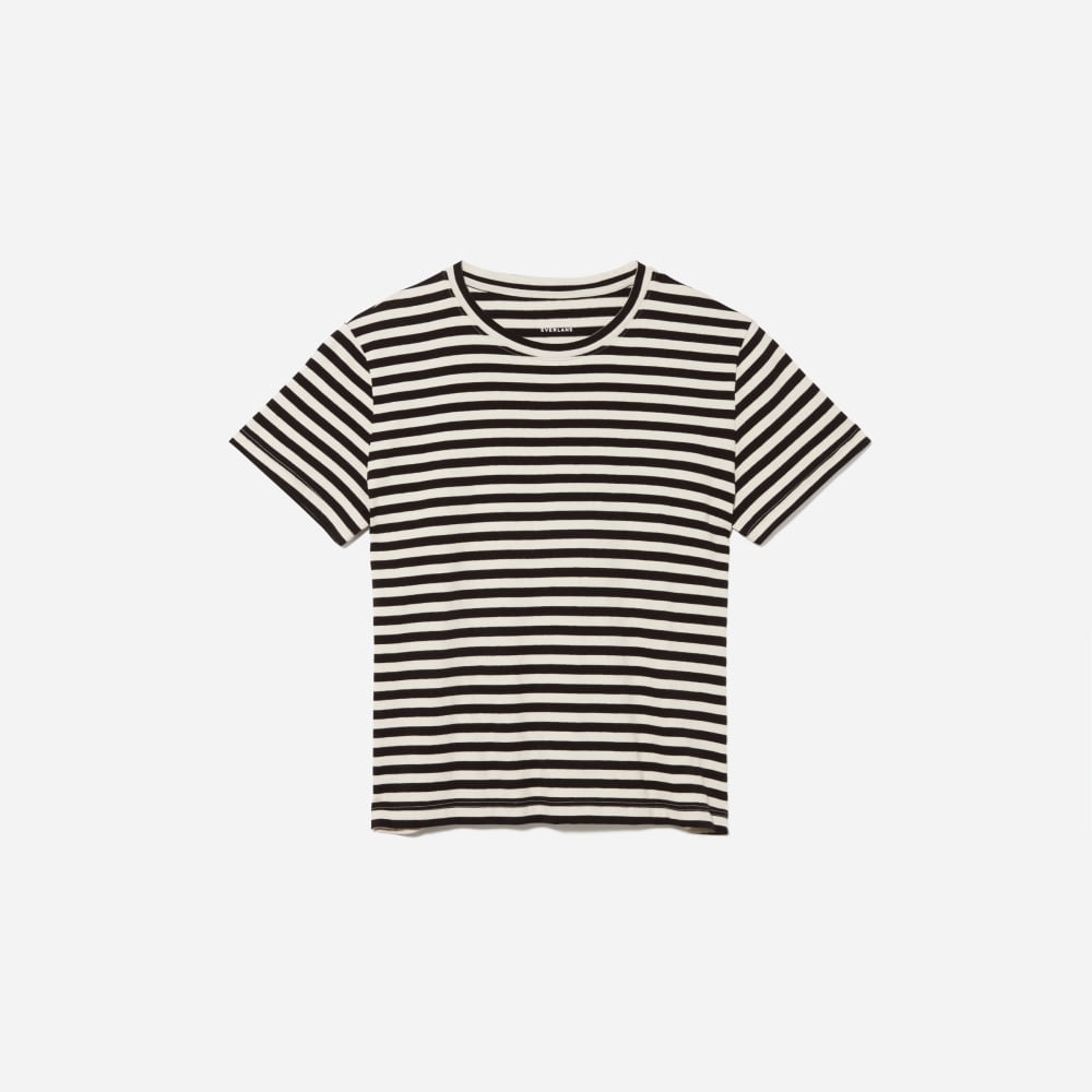 The Box-Cut Tee in Essential Cotton in Sandstone / Black — front view
