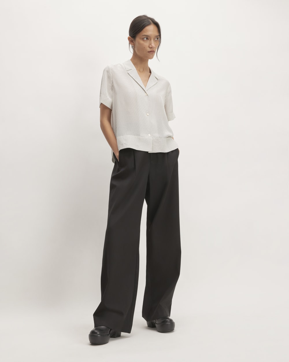 The Notch Shirt in Washable Silk in Bone / Black Polka Dot — detail view