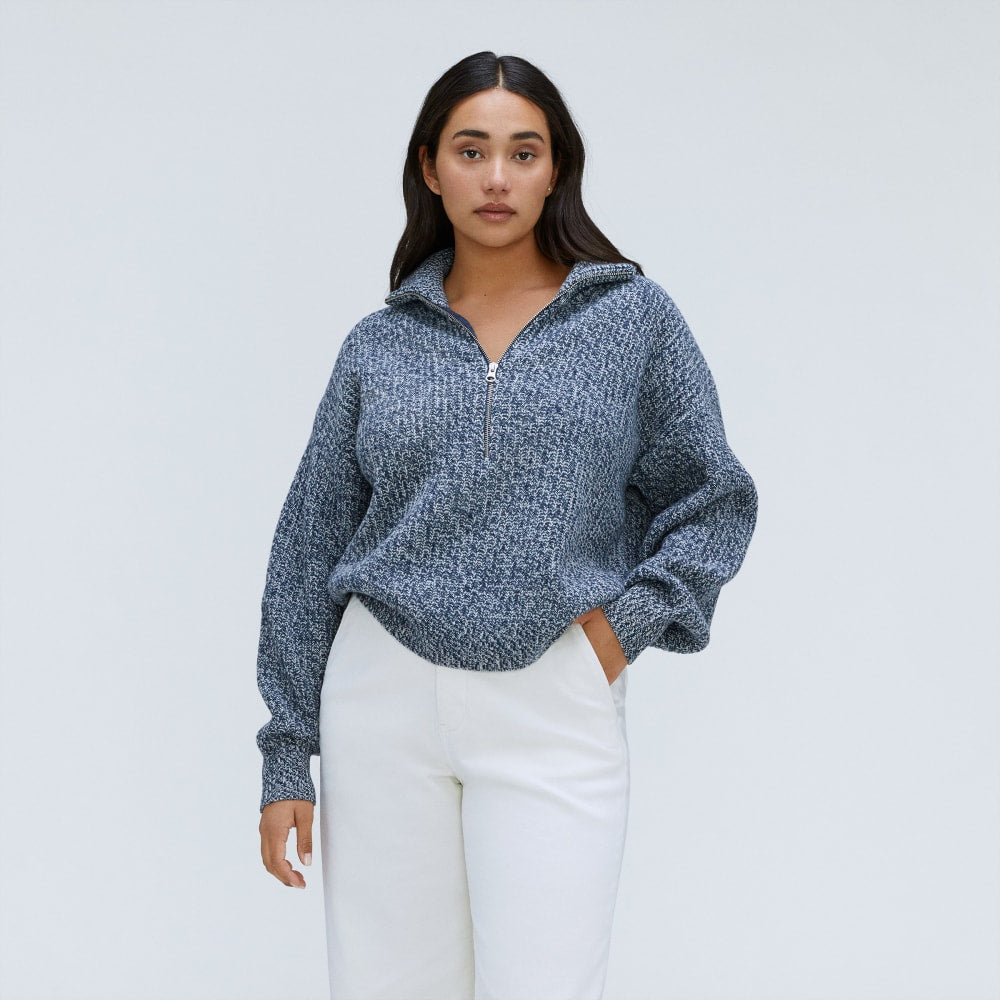 The Half-Zip Sweater in Luxe Merino in Dark Mallard / Oat Twist — front view