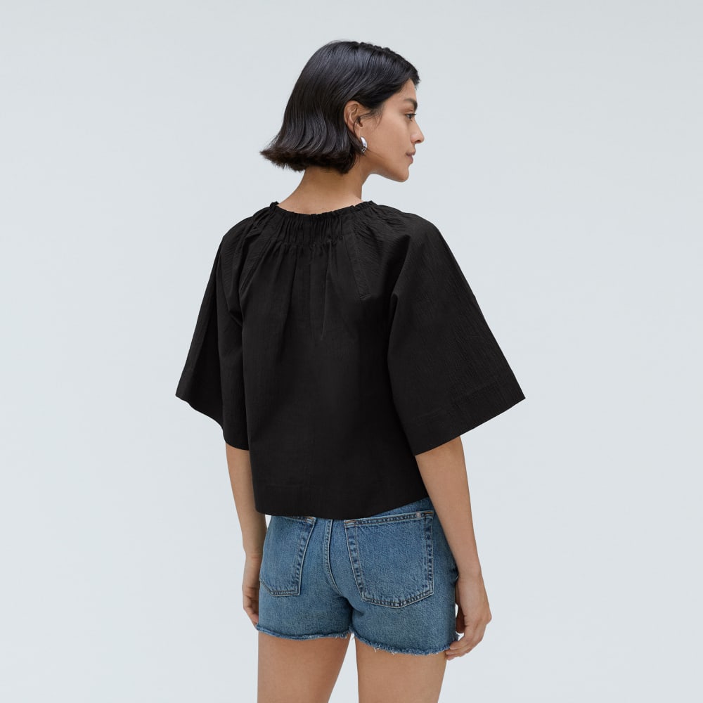 The Seersucker Gathered Tee in Black — detail view