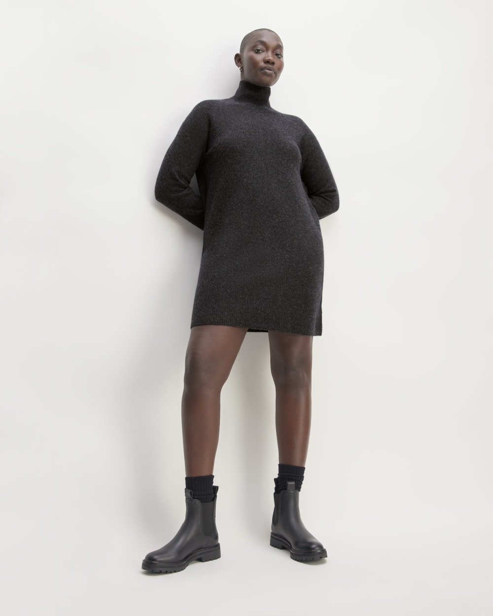 The Cozy Stretch Turtleneck Dress in Charcoal — front view