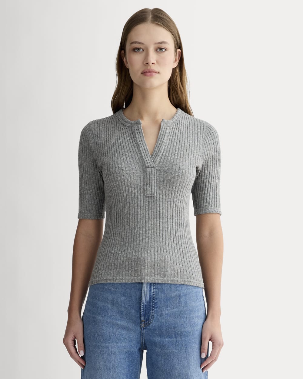 The Rib-Knit Short-Sleeve Henley in Mid Heather Grey — front view
