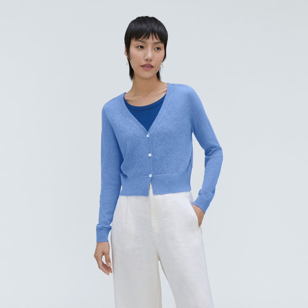 The Featherweight Alpaca Cardigan in Blue Opal — front view
