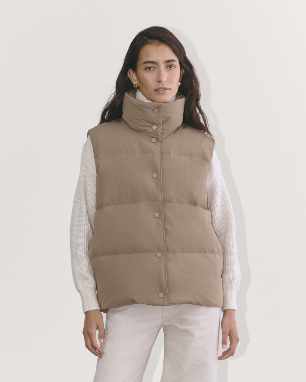 The Puffer Vest in Taupe Grey — front view