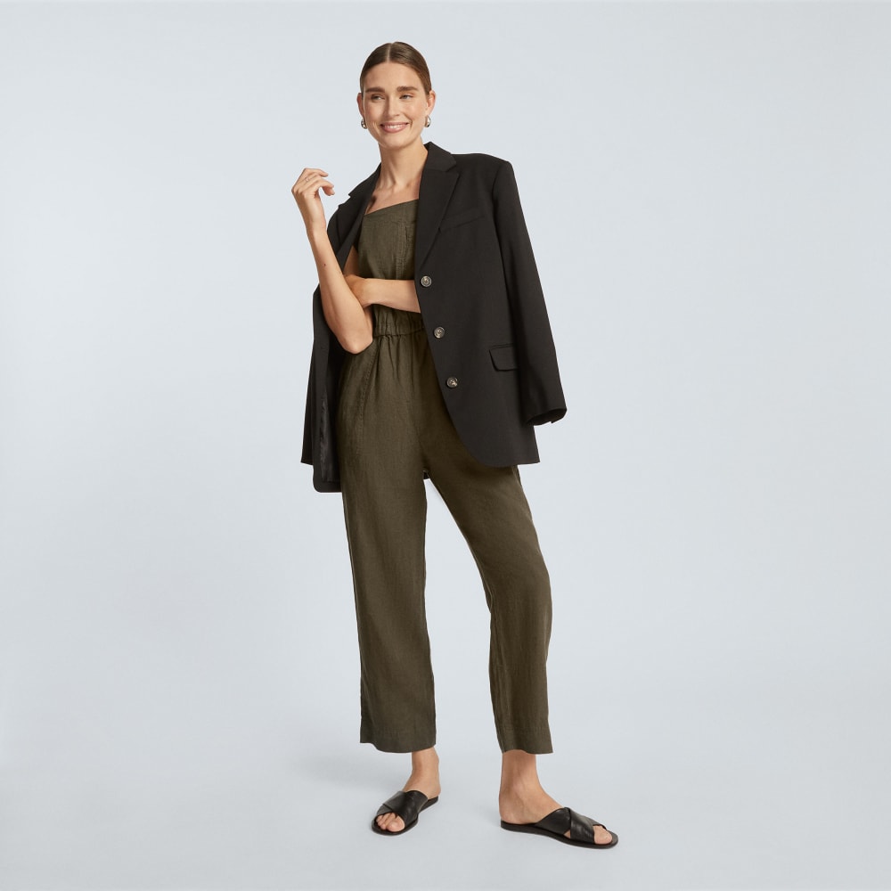 The Linen Shoestring Jumpsuit in Beech — detail view