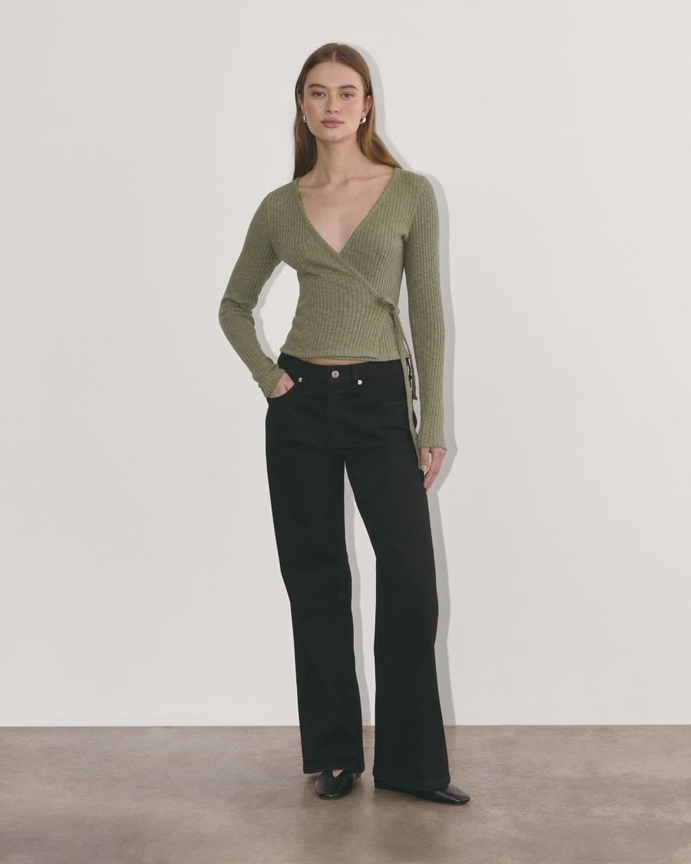 The Cozy Rib Wrap Top in Kalamata — detail view