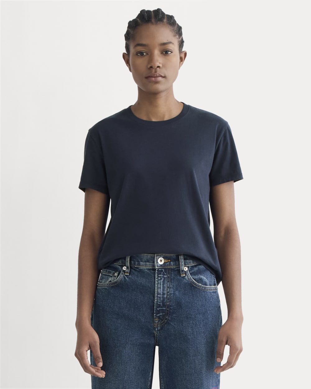 The Box-Cut Tee in Essential Cotton in Navy — front view