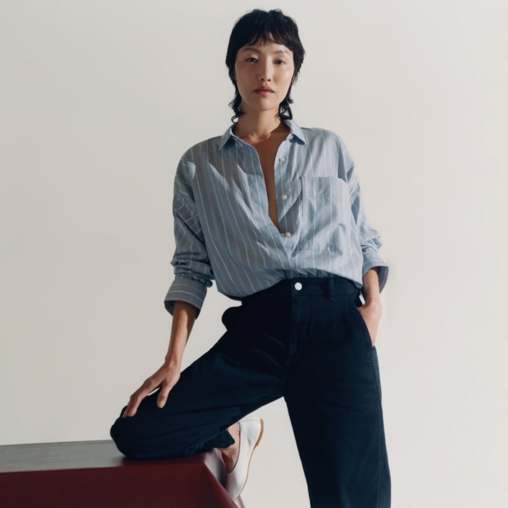 The Oversized Silky Cotton Shirt in Slate Blue — detail view