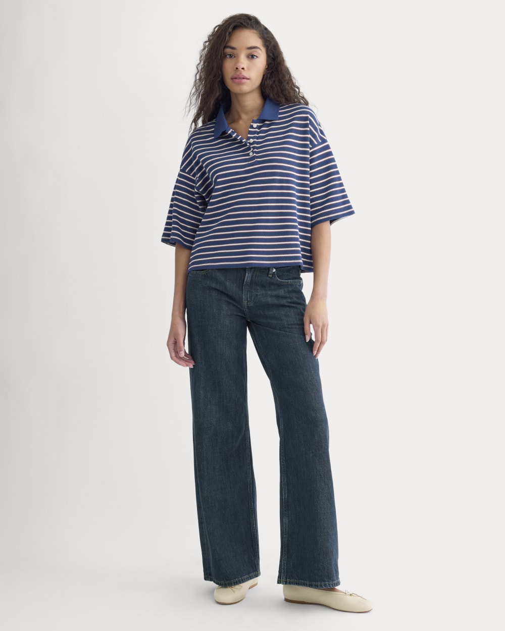 Pique Boxy Polo in Estate Blue/Henna/Gardenia — detail view