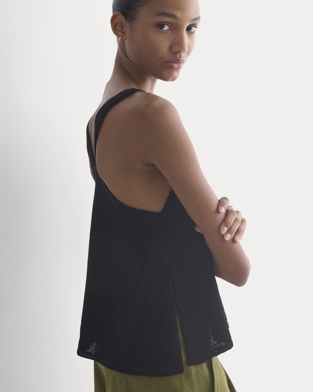Racerback V-Neck Sweater in Black — detail view