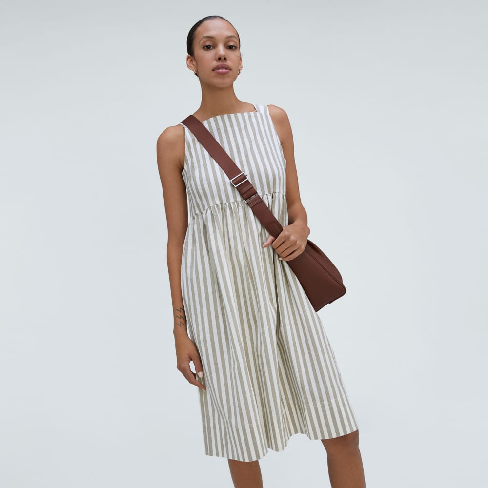 The Seersucker Midi Dress in Nutria / Off-White — detail view