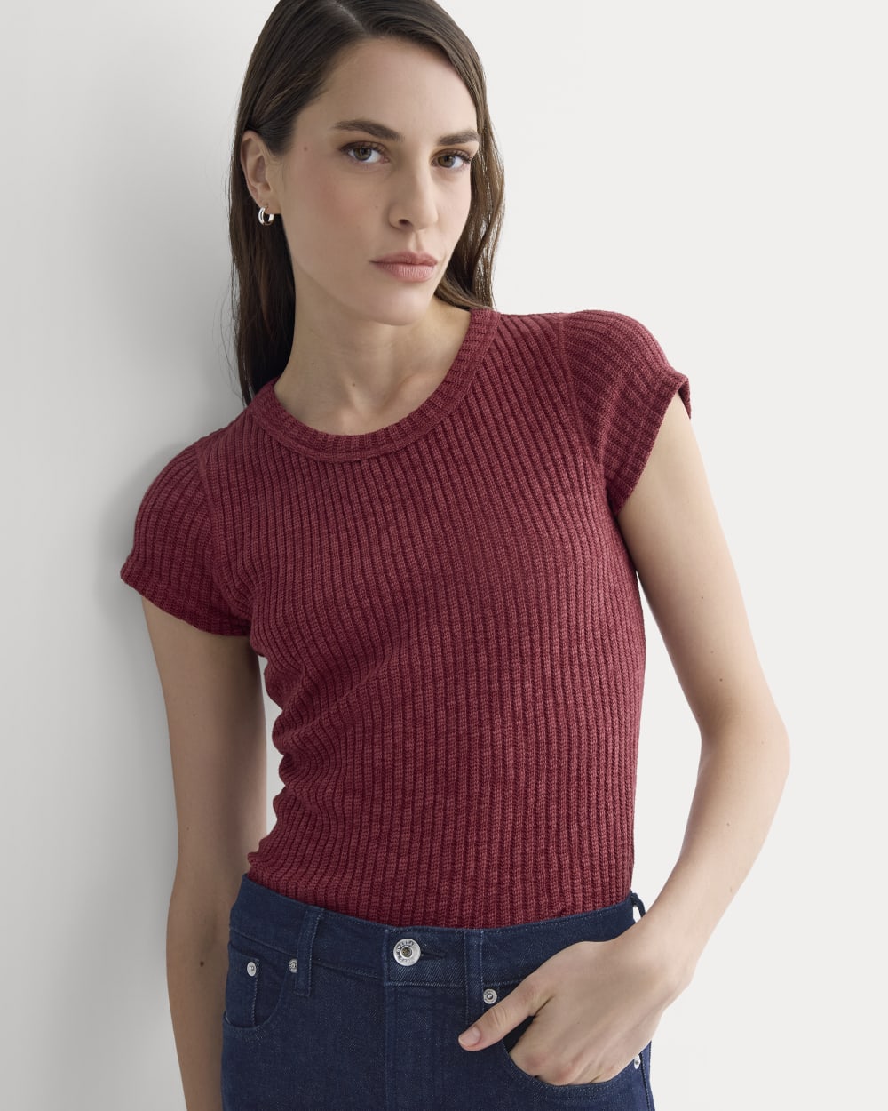 The Cozy Rib Tee in Pomegranate — front view