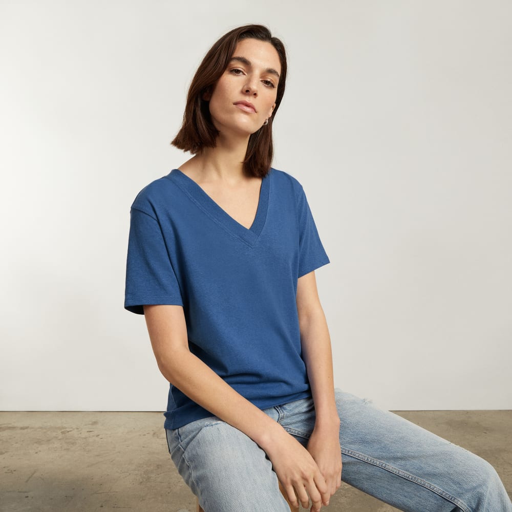 The Vintage V-Neck Hemp Tee in Deep Blue — detail view
