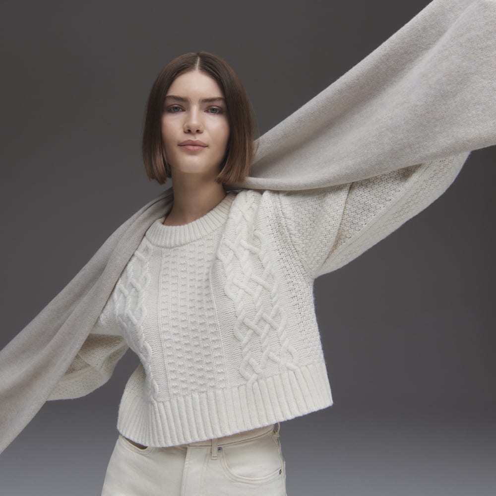 The Felted Merino Cropped Cable Sweater in Bone — detail view