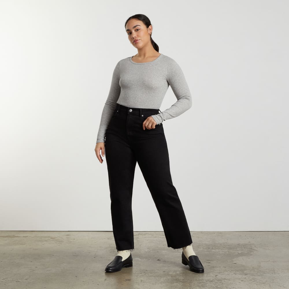 The Pima Micro-Rib Cropped Long-Sleeve Crew in Heathered Grey — detail view