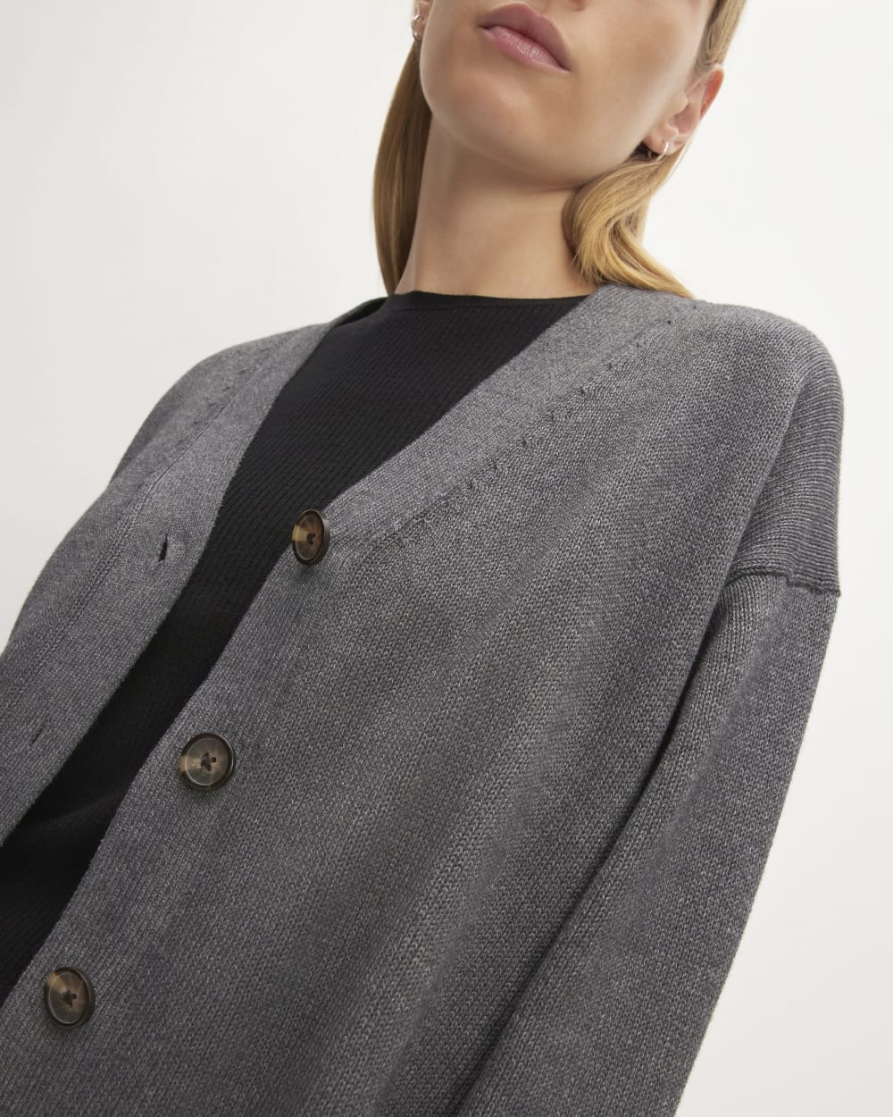 The Organic Cotton Cardigan in Heathered Charcoal — detail view