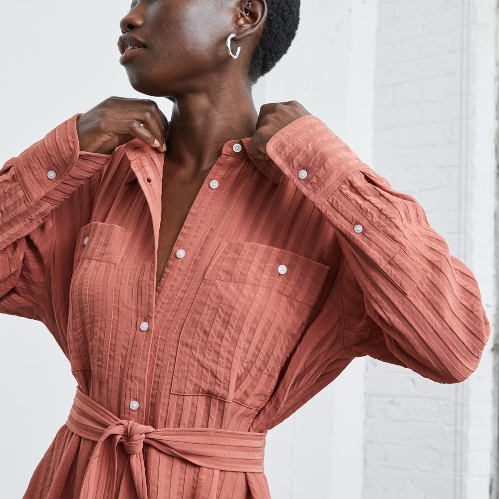 The City Stripe Draped Shirt Dress in Redwood — detail view