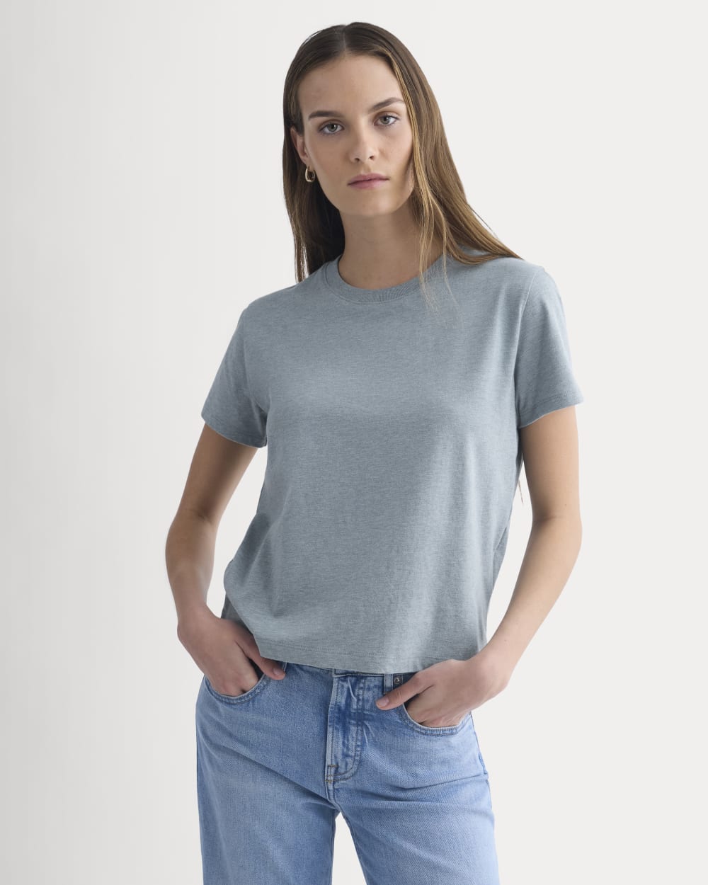 The Box-Cut Tee in Essential Cotton in Heathered Sea — front view