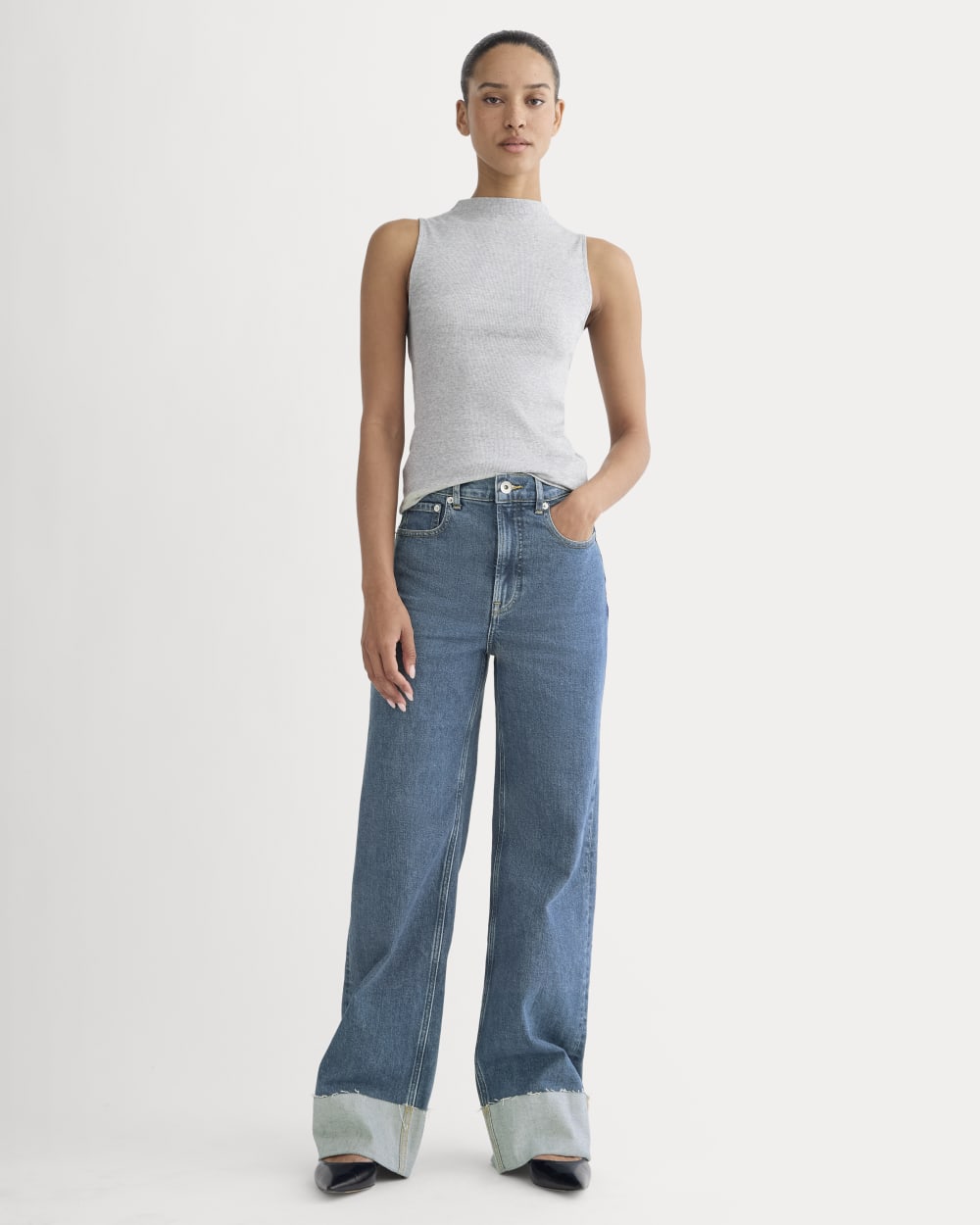 The Luxe Rib Funnel-Neck Tank in Classic Heather Grey — detail view