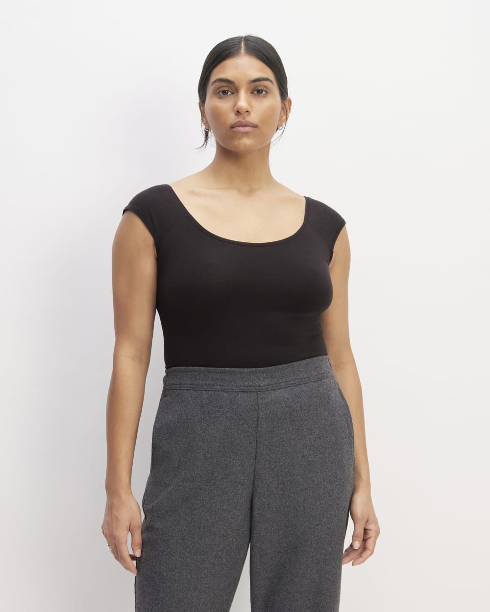 The Supima® Form Cap-Sleeve Tee in Black — front view