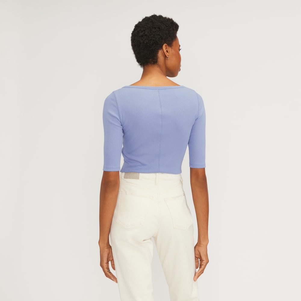 The Luxe Micro-Rib Scoop-Neck Tee in Cornflower Blue — detail view