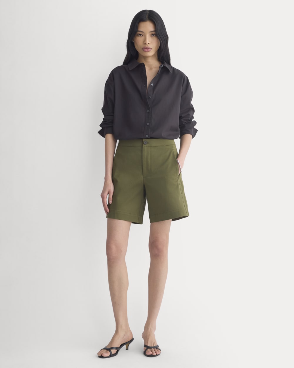 Side-Panel Tailored Short in Olive Night — front view