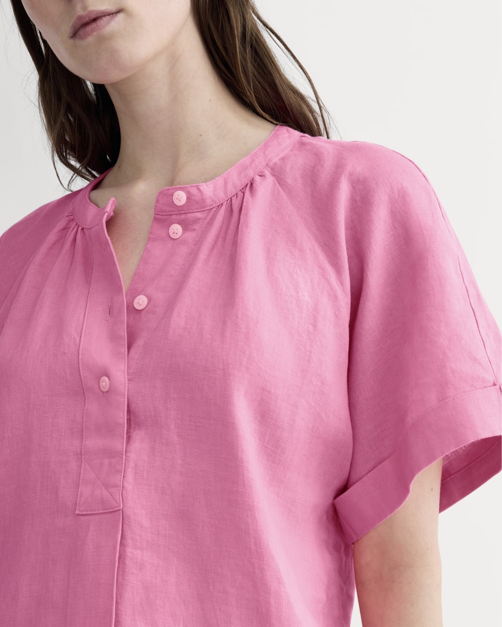 The Popover Dress in Linen in Deep Pink — detail view
